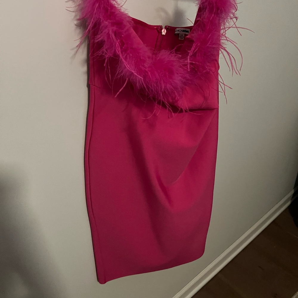 Fashion Nova Strapless Hot Pink Dress with Feather Trim